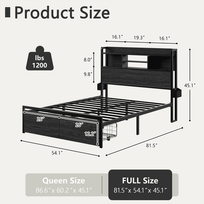 Tydimor Queen Size Bed Frames Bedroom Furniture Sets with Upholstered Storage Headboard & Outlets, LED Lights Standard Bed con Cajones, Niose Free