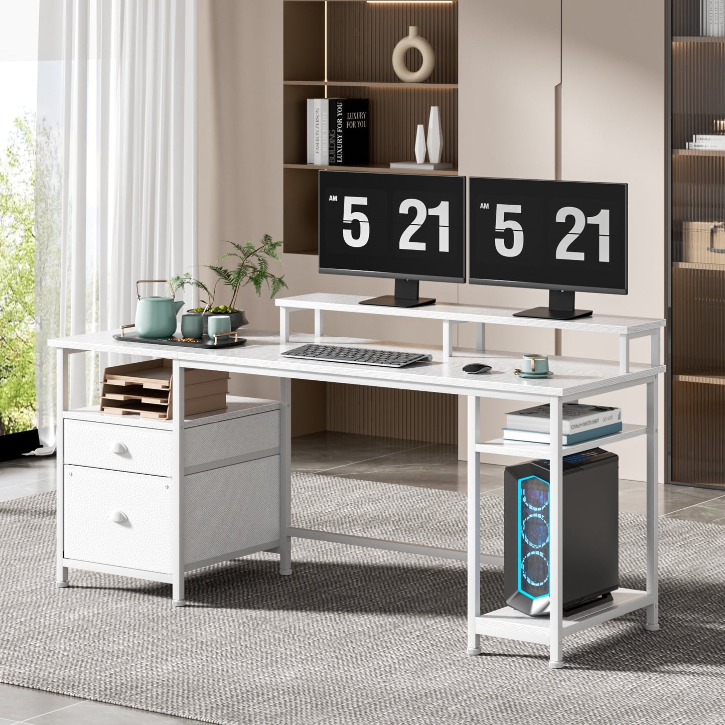 Satifur Computer Desk with Drawers & Monitor Stand, Office Desk for Dual Monitors, Adjustable Shelves, White