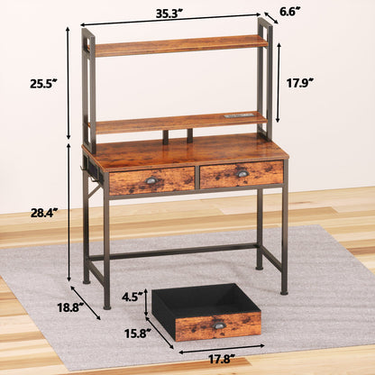 Satifur Computer Desk with Charging Station & LED Lights, Gaming Desk with Drawers & Shelves, Rustic Brown