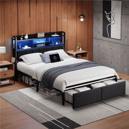 Satifur Queen LED Bed Frame with Upholstered Storage Headboard & Drawers, USB Ports, RGB Lights and Under Bed Storage