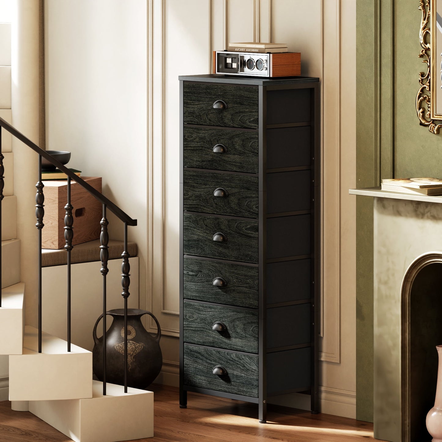 Satifur 7-Drawer Tall Dresser Bedside Fabric Nightstand Closet Organizer Unit with Storage,Black Oak