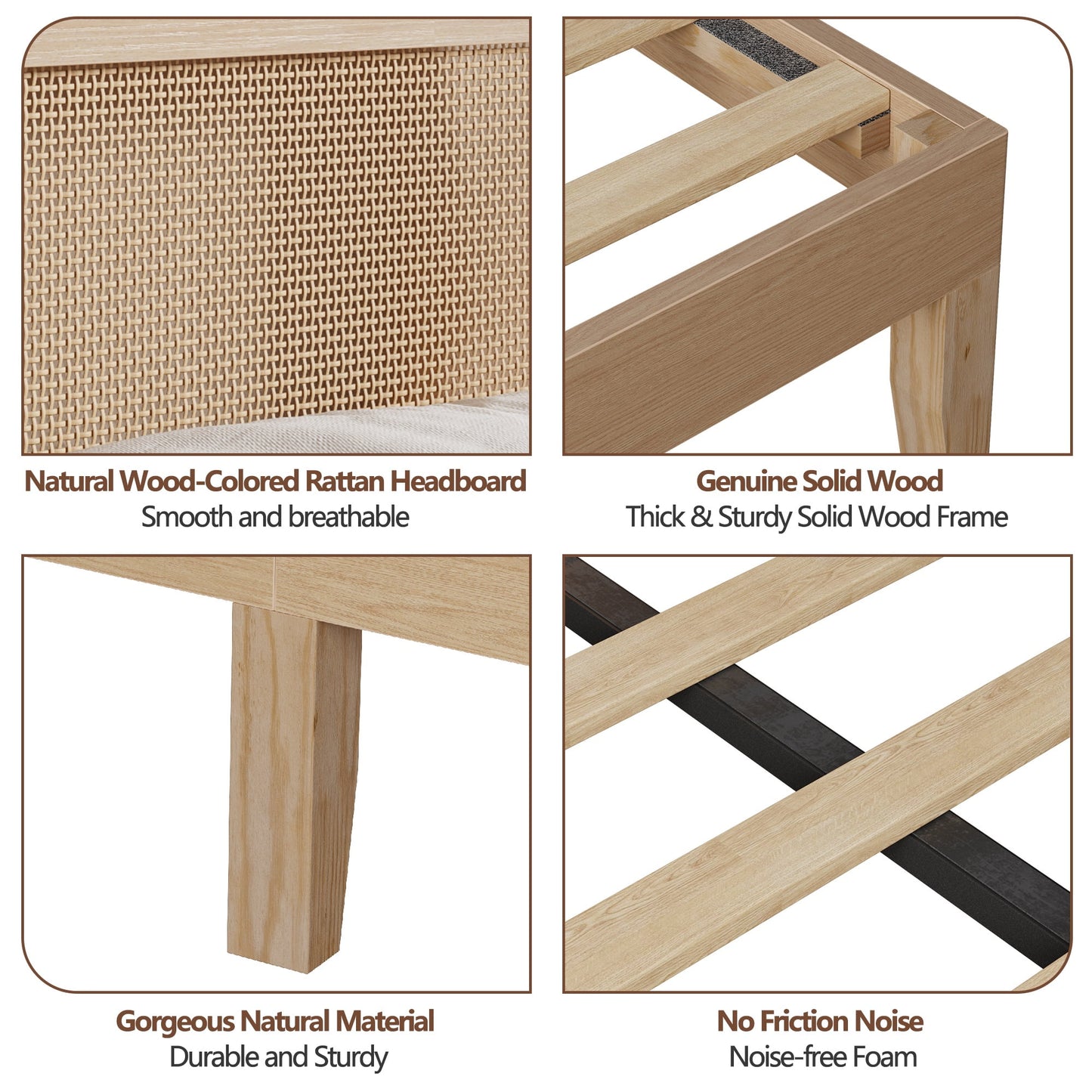 Tydimor Queen Bed Frame with Headboard & Bookcase Storage Shelf, Rattan Beds with Charging Station and LED Lights, No Box Spring Needed