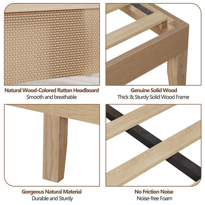 Tydimor Queen Bed Frame with Headboard & Bookcase Storage Shelf, Rattan Beds with Charging Station and LED Lights, No Box Spring Needed