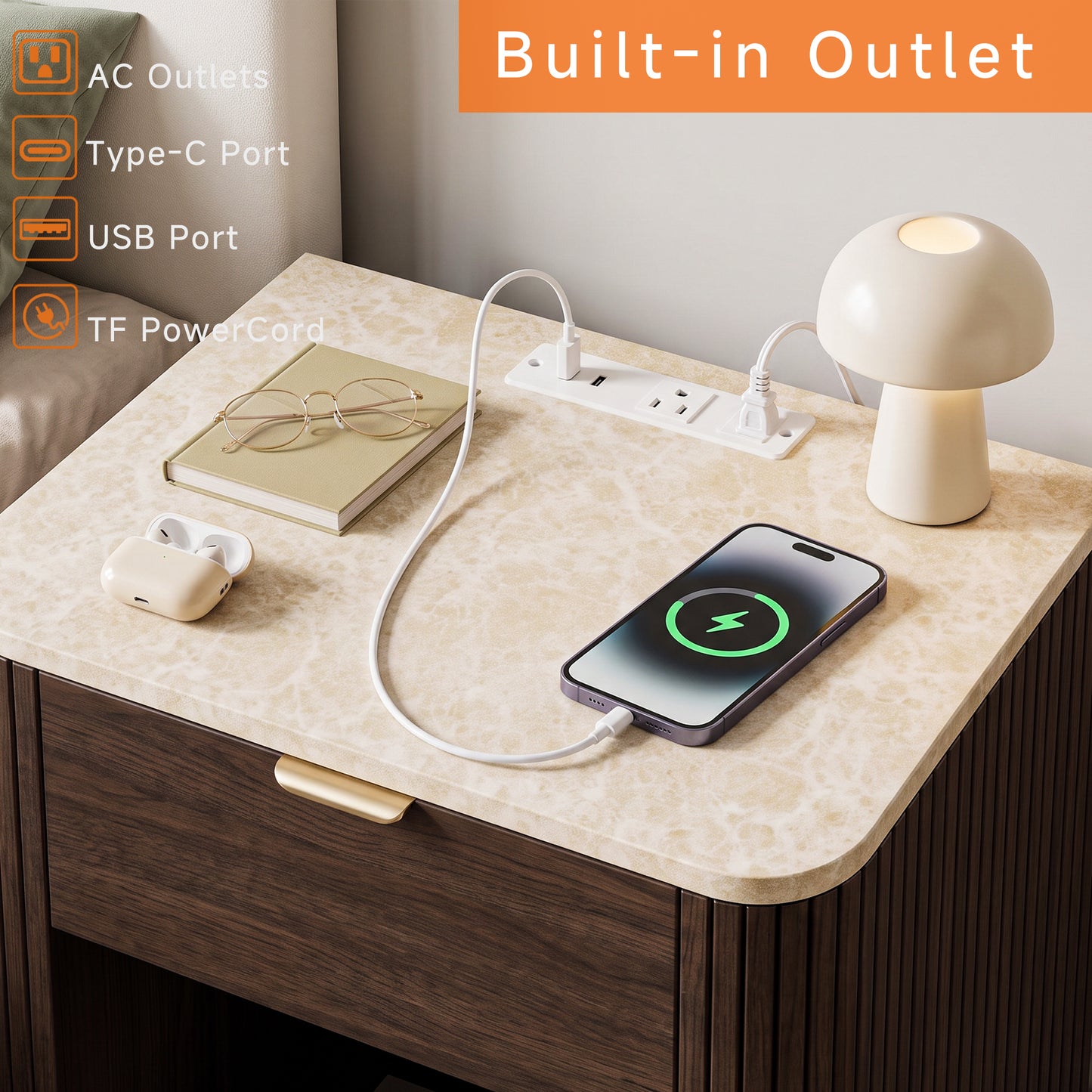 Satifur Wooden Nightstand with Charging Station Set of 2, 1 Drawer Fluted Night Stands with Storage, Modern Bedside Table Set of 2 for Bedroom, Walnut