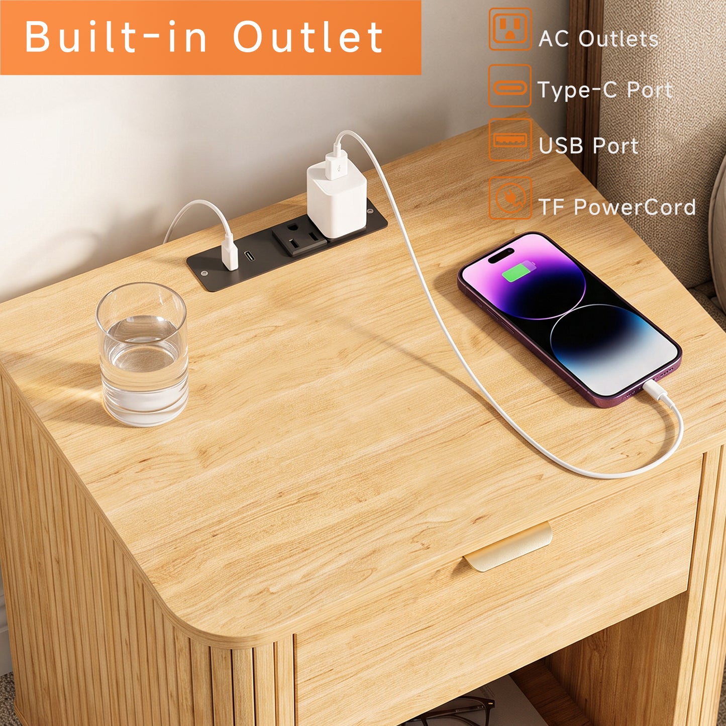 Satifur Wooden Nightstand with Charging Station Set of 2, 1 Drawer Fluted Night Stands with Storage, Modern Bedside Table Set of 2 for Bedroom, Natural