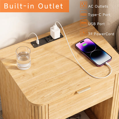 Satifur Wooden Nightstand with Charging Station Set of 2, 1 Drawer Fluted Night Stands with Storage, Modern Bedside Table Set of 2 for Bedroom, Natural