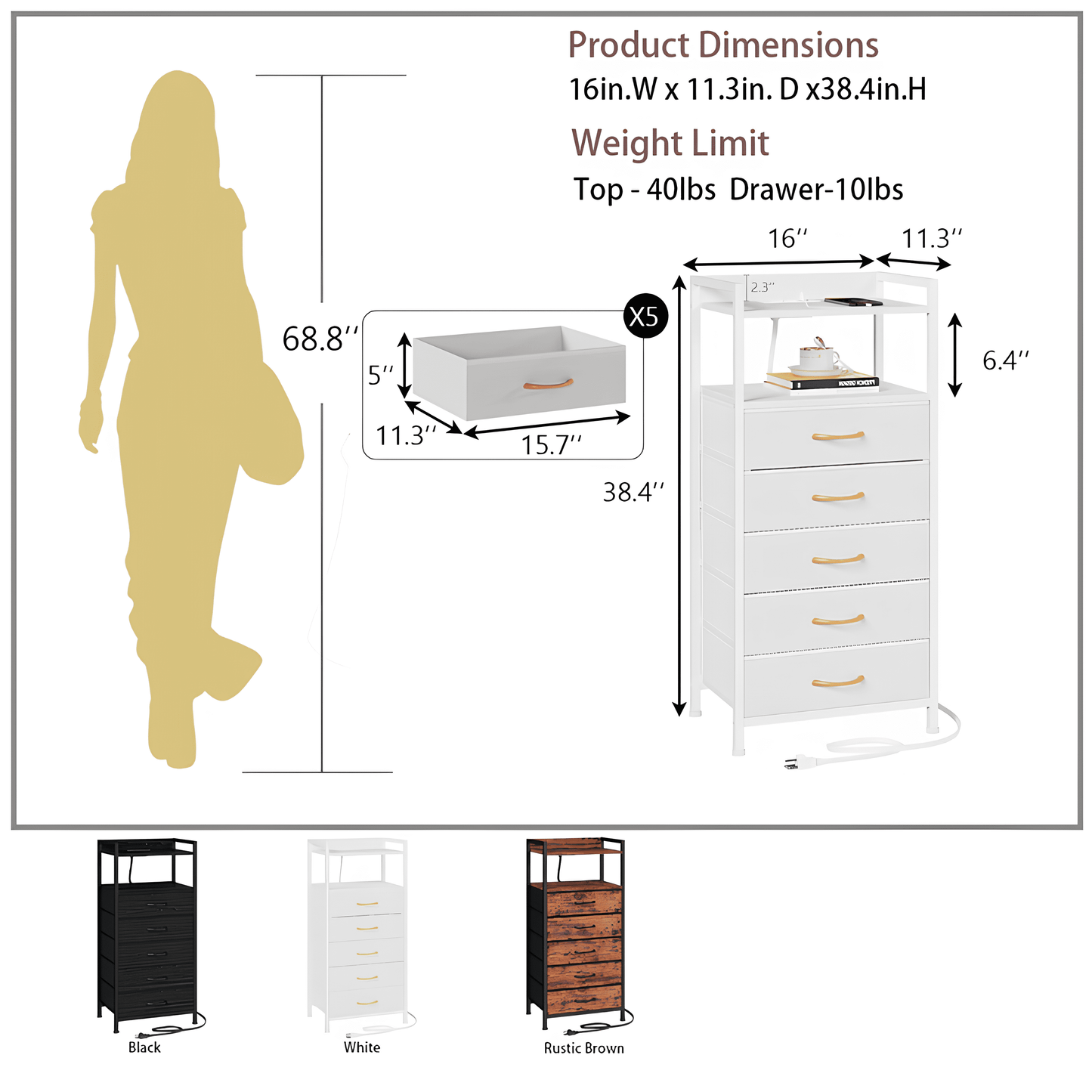 TYDIMOR Tall Dresser for Bedroom, 5 Drawer with Charging Station, Black, Ideal for Adults