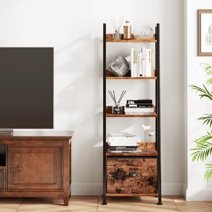 Tydimor 5-Tier Ladder Bookshelf With Drawer, Leaning Bookcase Storage Display Shelf,Rustic Brown