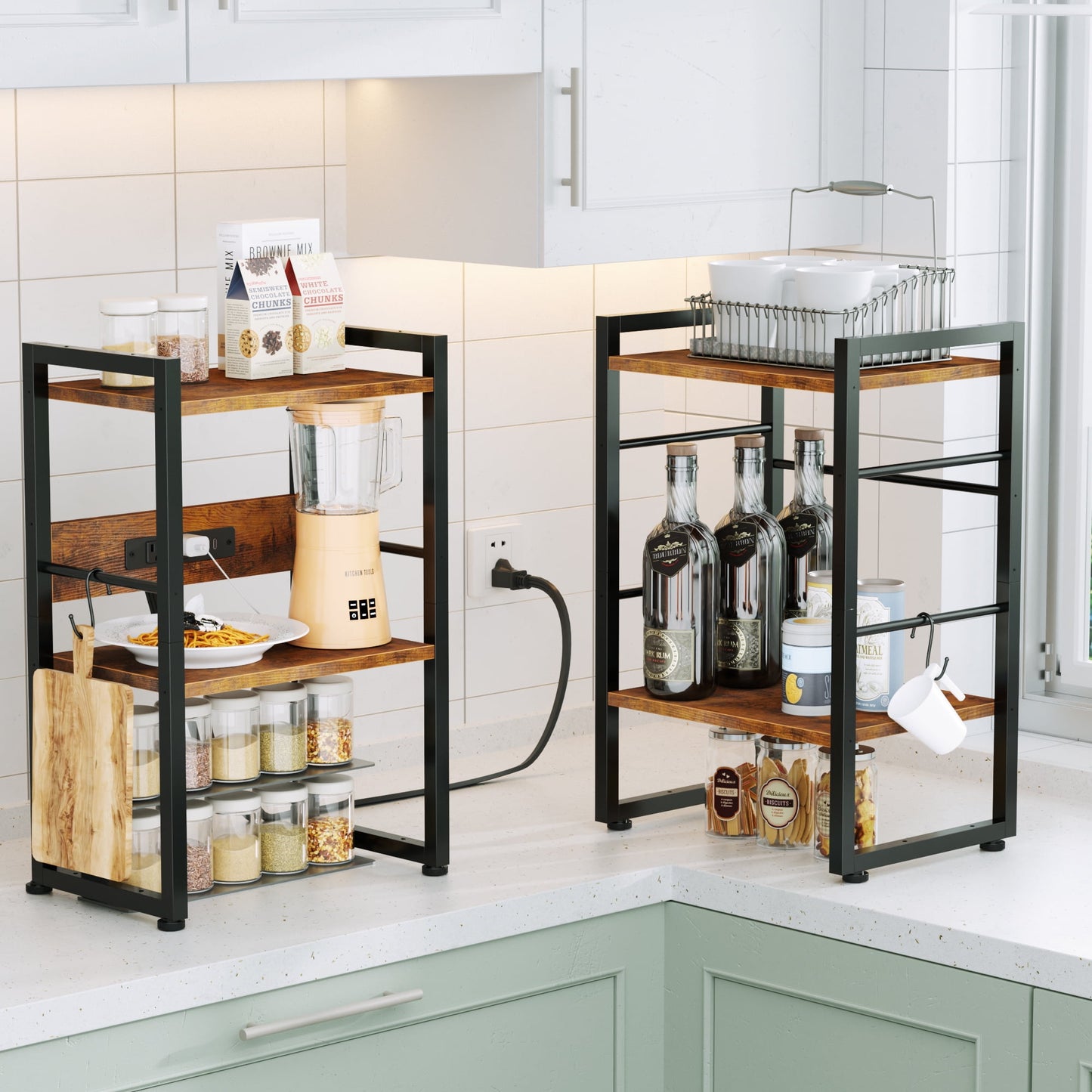 Satifur Industrial Stackable Kitchen Organizer with Charging Station, Storage Bookshelf, Kitchen Rack