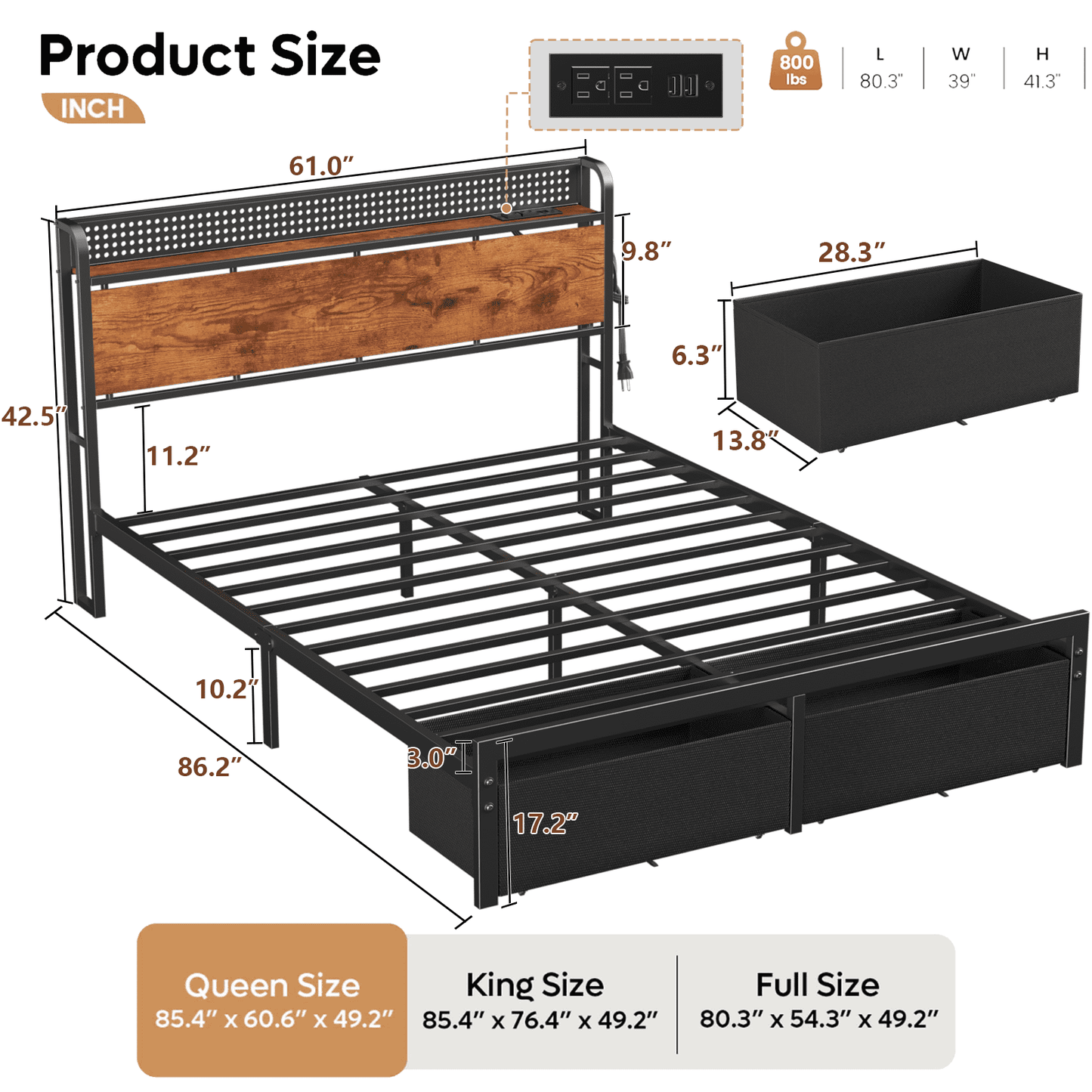 Tydimor Queen Bed Frame with 2 Drawers & Storage Headboard, Platform Metal Bed with Charging Station, No Box Spring Needed