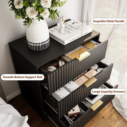 Tydimor Modern Nightstand with 3 Wooden Drawers, Bedside Table for Living Room, Black,Set of two