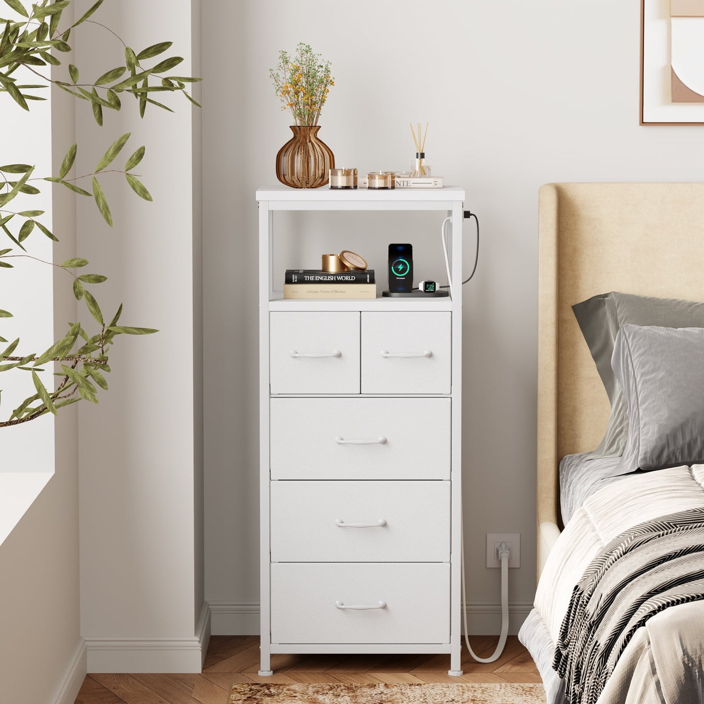TYDIMOR Small Dresser for Bedroom, 5 Drawer with Charging Station, White, Ideal for Adults