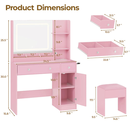 Tydimor Vanity Desk with Mirror & Lights, GRWM Vanity Table with Drawers & Storage Shelves, Makeup Dressing Table with Stool & Charging, Pink