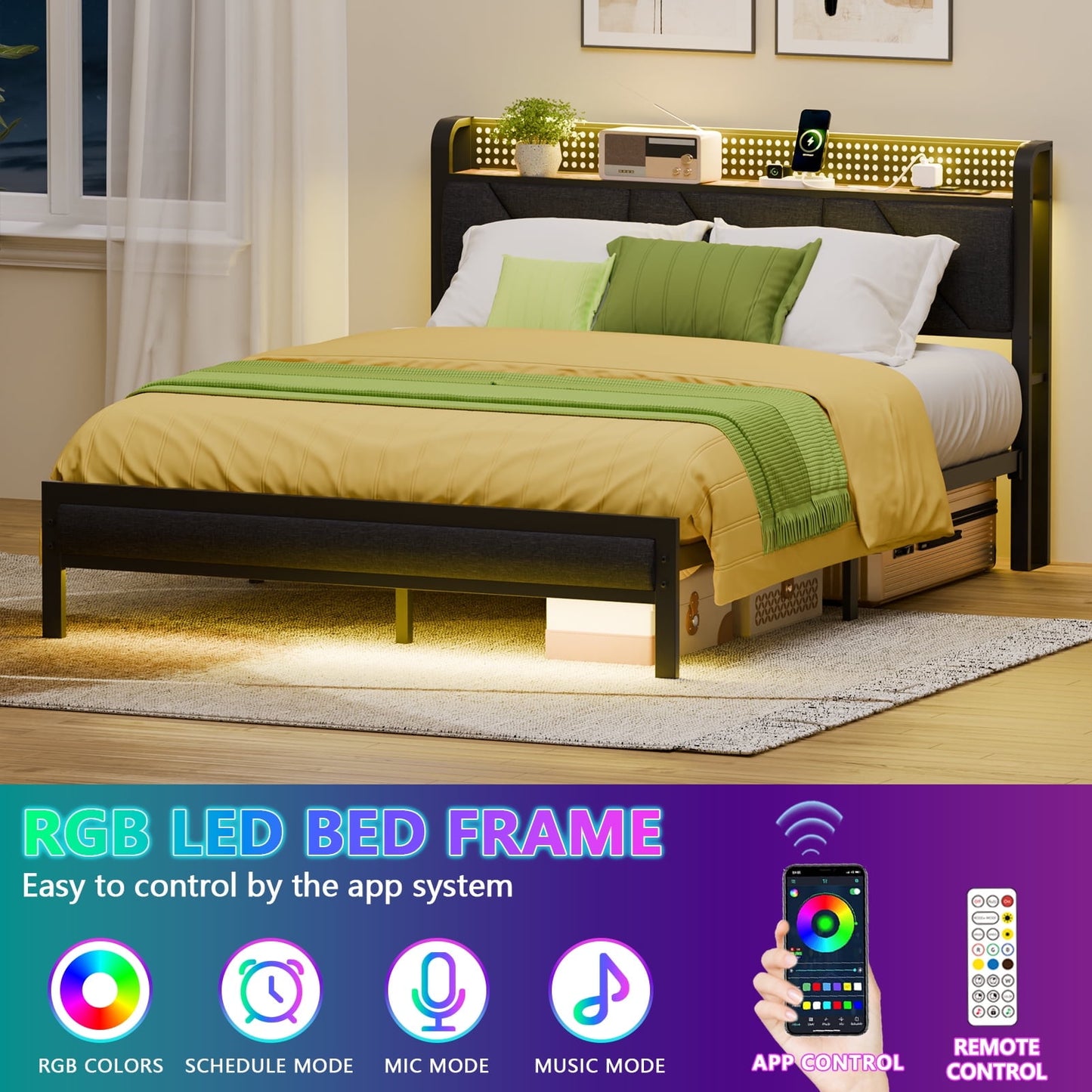Hexmn Queen Size Metal Smart Bed Frame with Upholstered Headboard, LED Lights, USB Ports and Outlets, Storage Shelves & Underbed