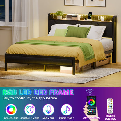 Hexmn Queen Size Metal Smart Bed Frame with Upholstered Headboard, LED Lights, USB Ports and Outlets, Storage Shelves & Underbed