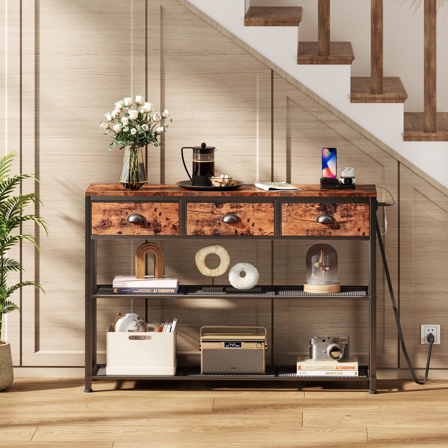 Satifur 38 inch Entryway Table with Power Outlets and Light, Console Table with 3 Fabric Drawers, Hallway Table, Rustic Brown
