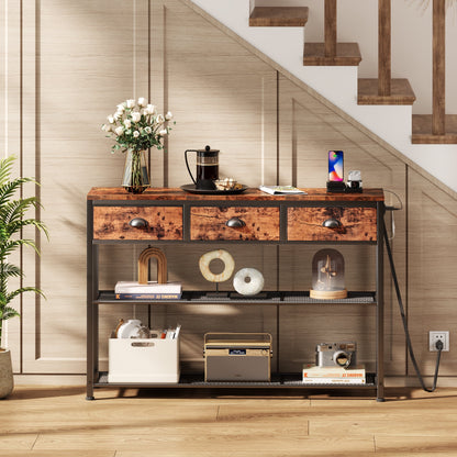 Satifur 38 inch Entryway Table with Power Outlets and Light, Console Table with 3 Fabric Drawers, Hallway Table, Rustic Brown