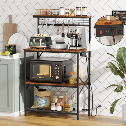 Tydimor Bakers Rack with Power Outlet, Kitchen Microwave Stand, 4-Tier Coffee Bar Table, Space-Saving Kitchen Storage Shelf, Rustic Brown