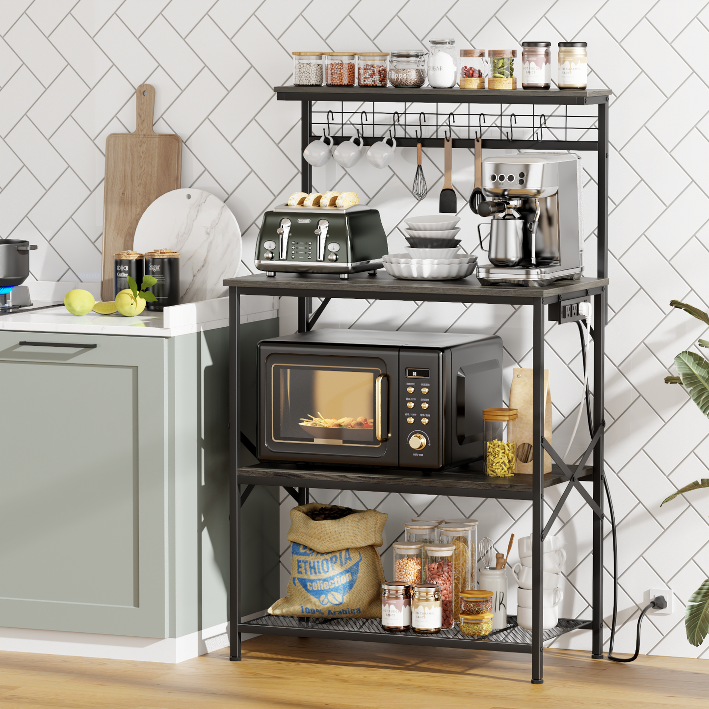 Tydimor Bakers Rack with 8 Hooks, Kitchen Microwave Stand, 4-Tier Coffee Bar Table, Space-Saving Kitchen Storage Shelf, Light Black Oak