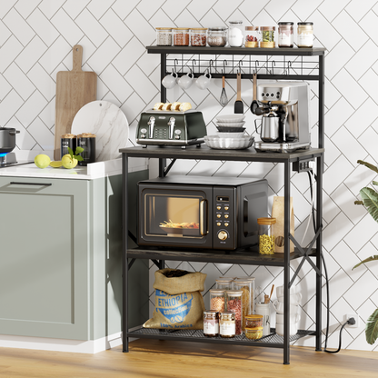 Tydimor Bakers Rack with 8 Hooks, Kitchen Microwave Stand, 4-Tier Coffee Bar Table, Space-Saving Kitchen Storage Shelf, Light Black Oak
