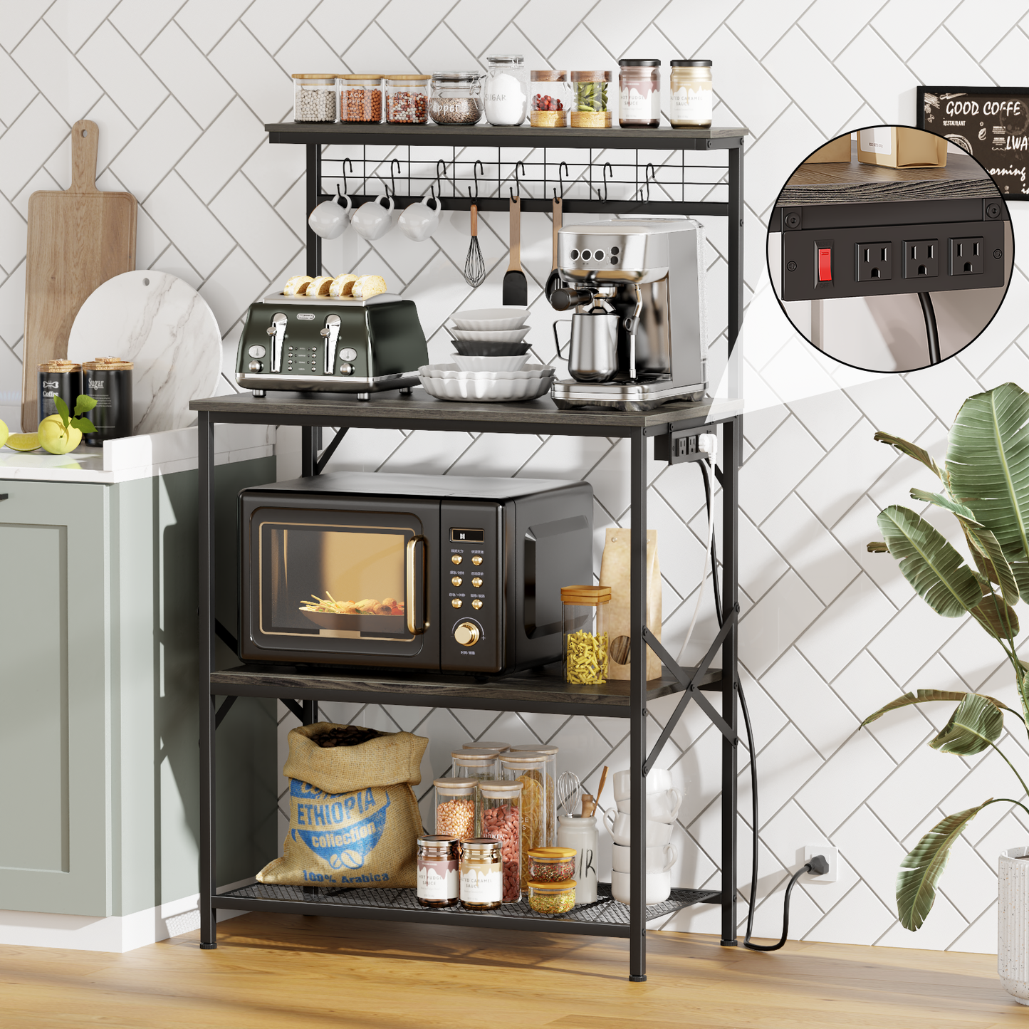 Tydimor Bakers Rack with Power Outlet, Kitchen Microwave Stand, 4-Tier Coffee Bar Table, Space-Saving Kitchen Storage Shelf, Light Black Oak
