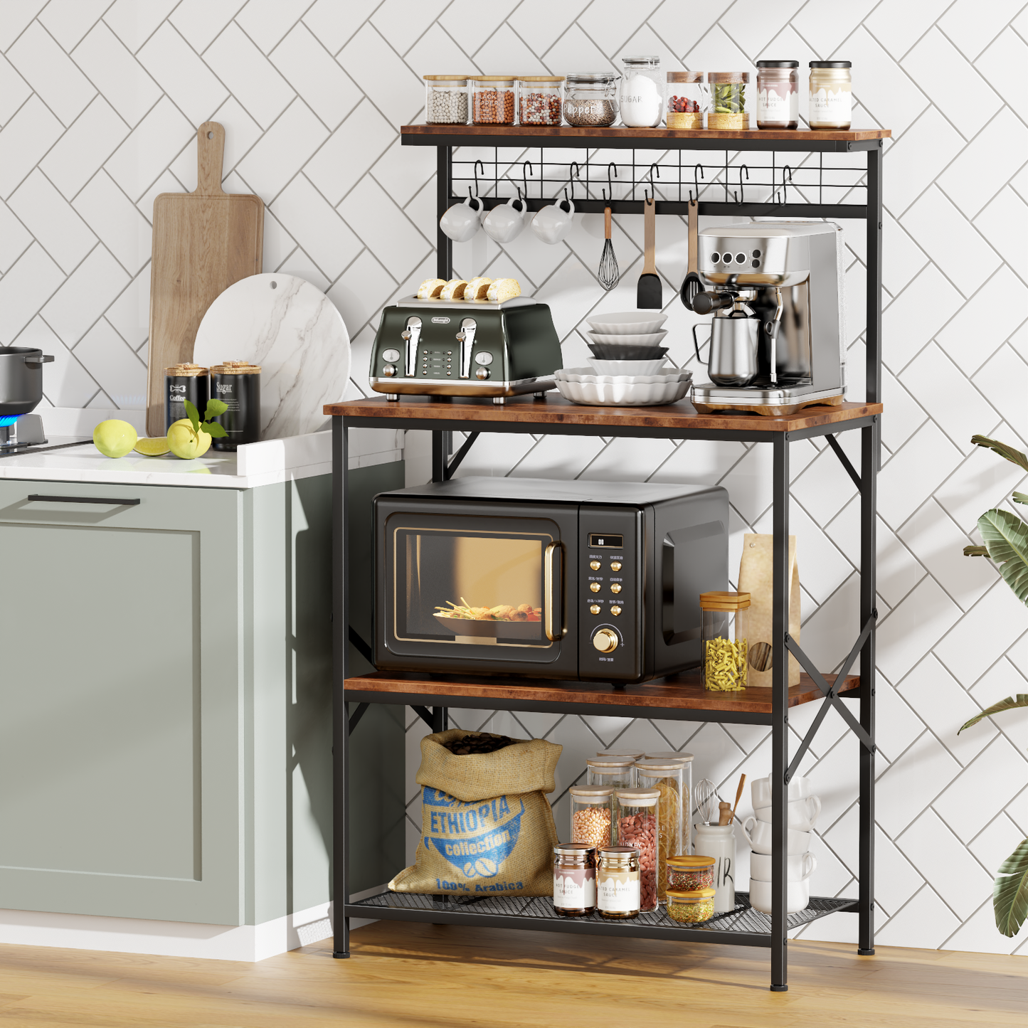 Tydimor Bakers Rack with 8 Hooks, Kitchen Microwave Stand, 4-Tier Coffee Bar Table, Space-Saving Kitchen Storage Shelf, Rustic Brown
