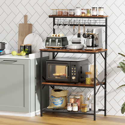 Tydimor Bakers Rack with 8 Hooks, Kitchen Microwave Stand, 4-Tier Coffee Bar Table, Space-Saving Kitchen Storage Shelf, Rustic Brown