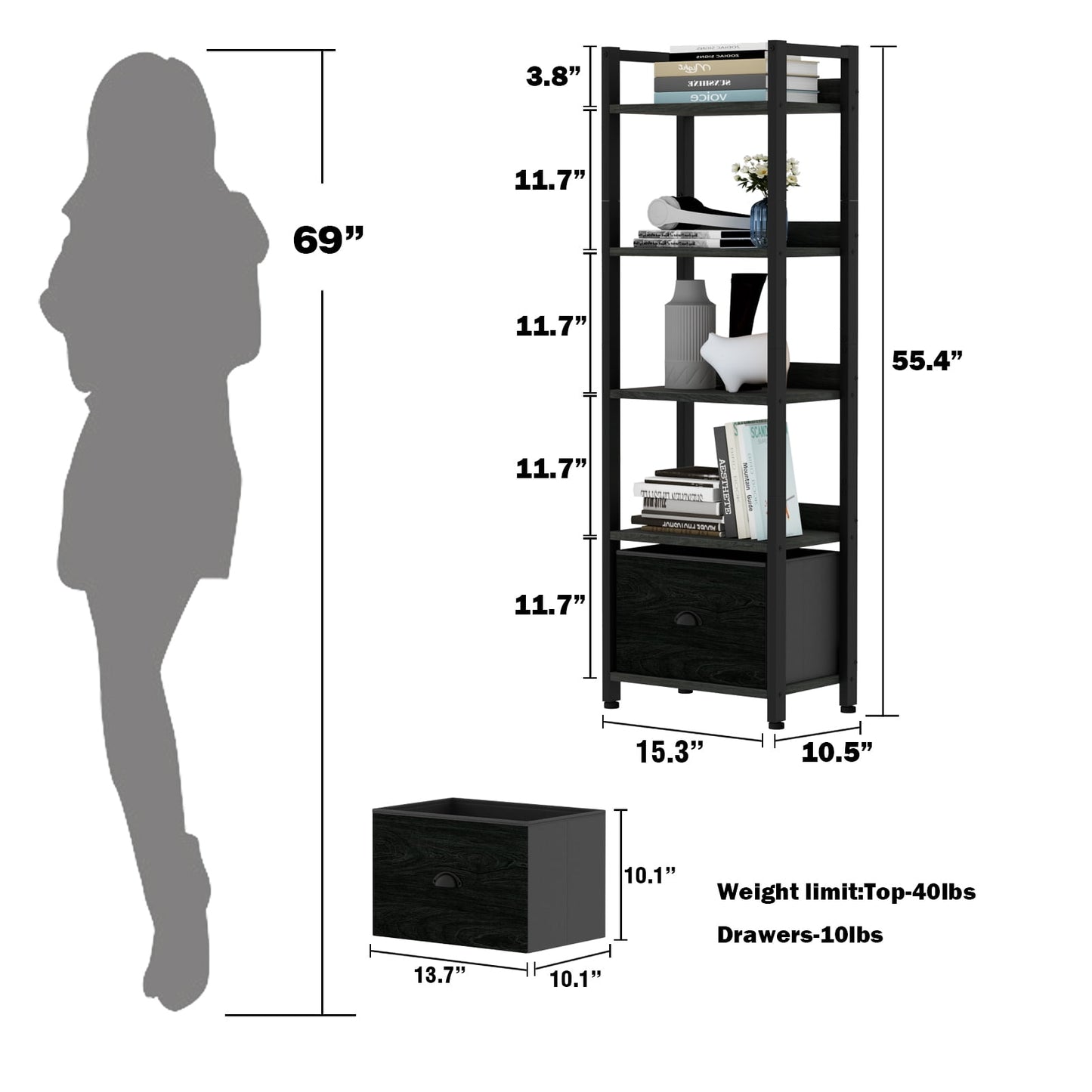 Satifur 5 Tier Ladder Bookcase with Removable Drawer Tall Standing Bookshelf,Black Oak