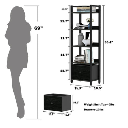 Satifur 5 Tier Ladder Bookcase with Removable Drawer Tall Standing Bookshelf,Black Oak