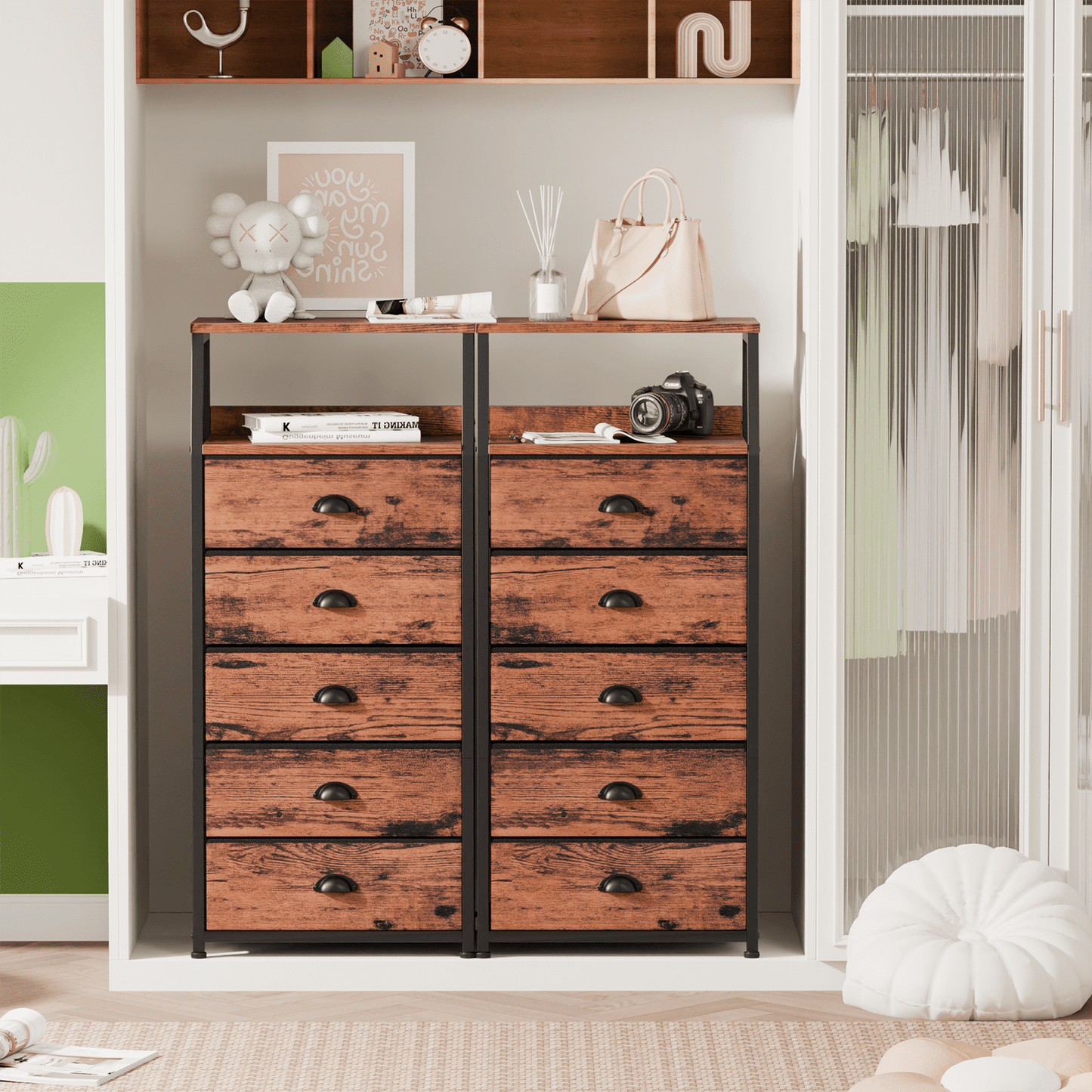 Satifur 5-Drawer Nightstand,Tall Fabric Dresser Storage End Table,Rustic Brown