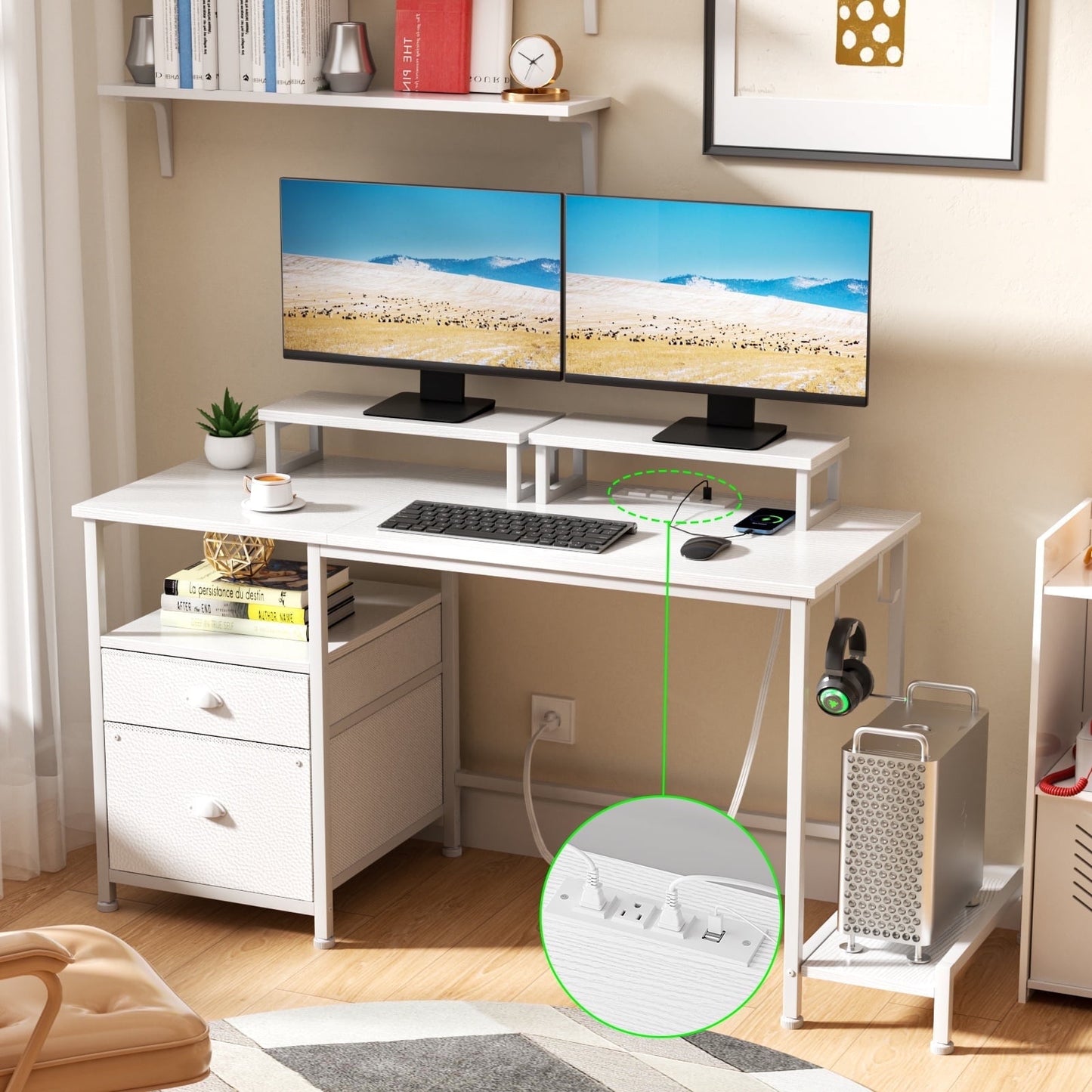 Hexmn Corner Desk with Outlets & Adjustable Shelves for Office Writing,White