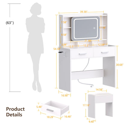 Tydimor Vanity Set with Sliding Mirror & Lights, Women Dressing Table with Outlets, Makeup Vanity Desk with Drawers & Stool