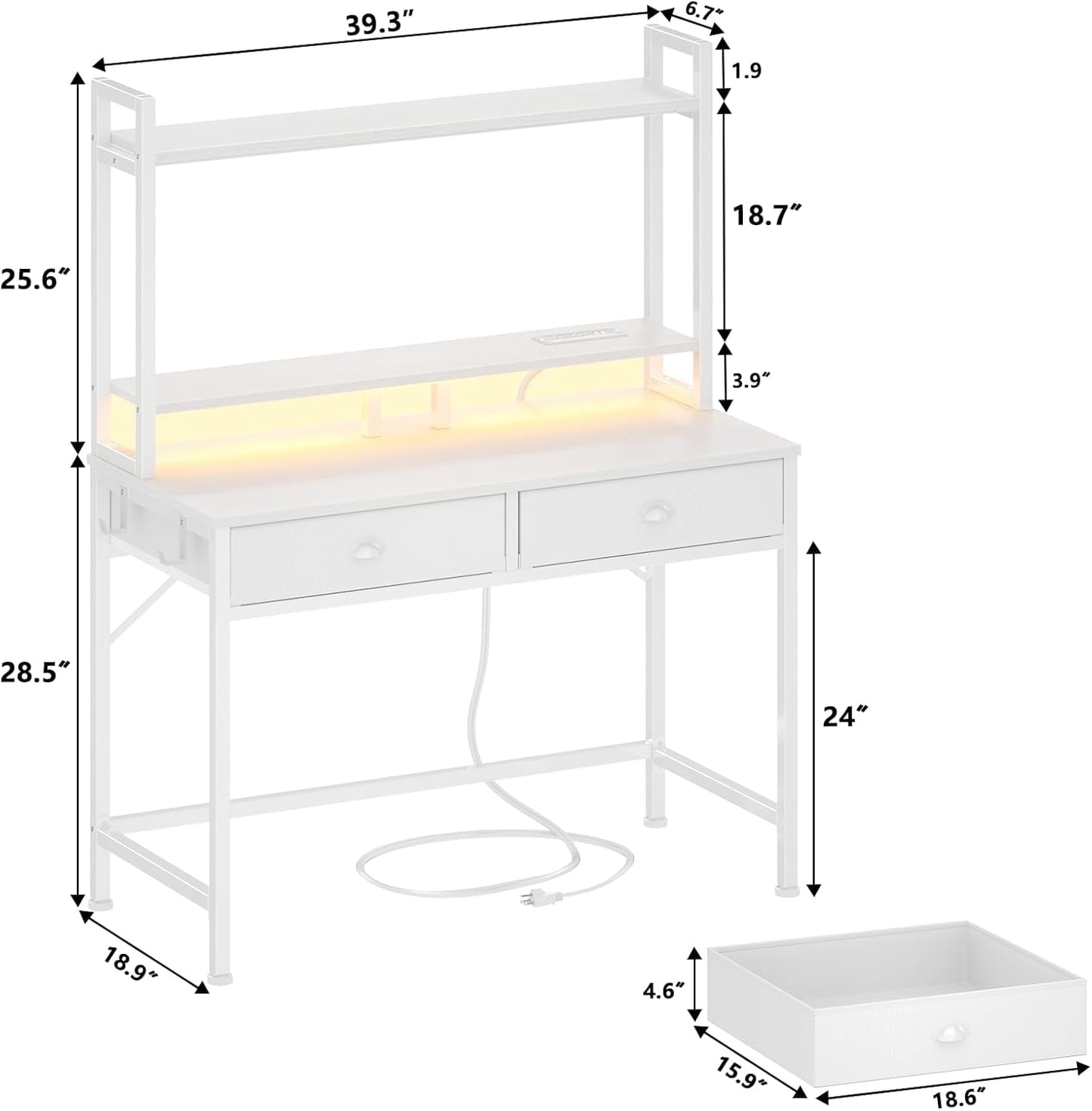 Furologee Small White Computer Desk with Power Outlet and 2 Fabric Drawers, Makeup Vanity Desk with LED Light, Home Office Desk with Monitor Stand, Gaming Desk with Hutch for Small Space