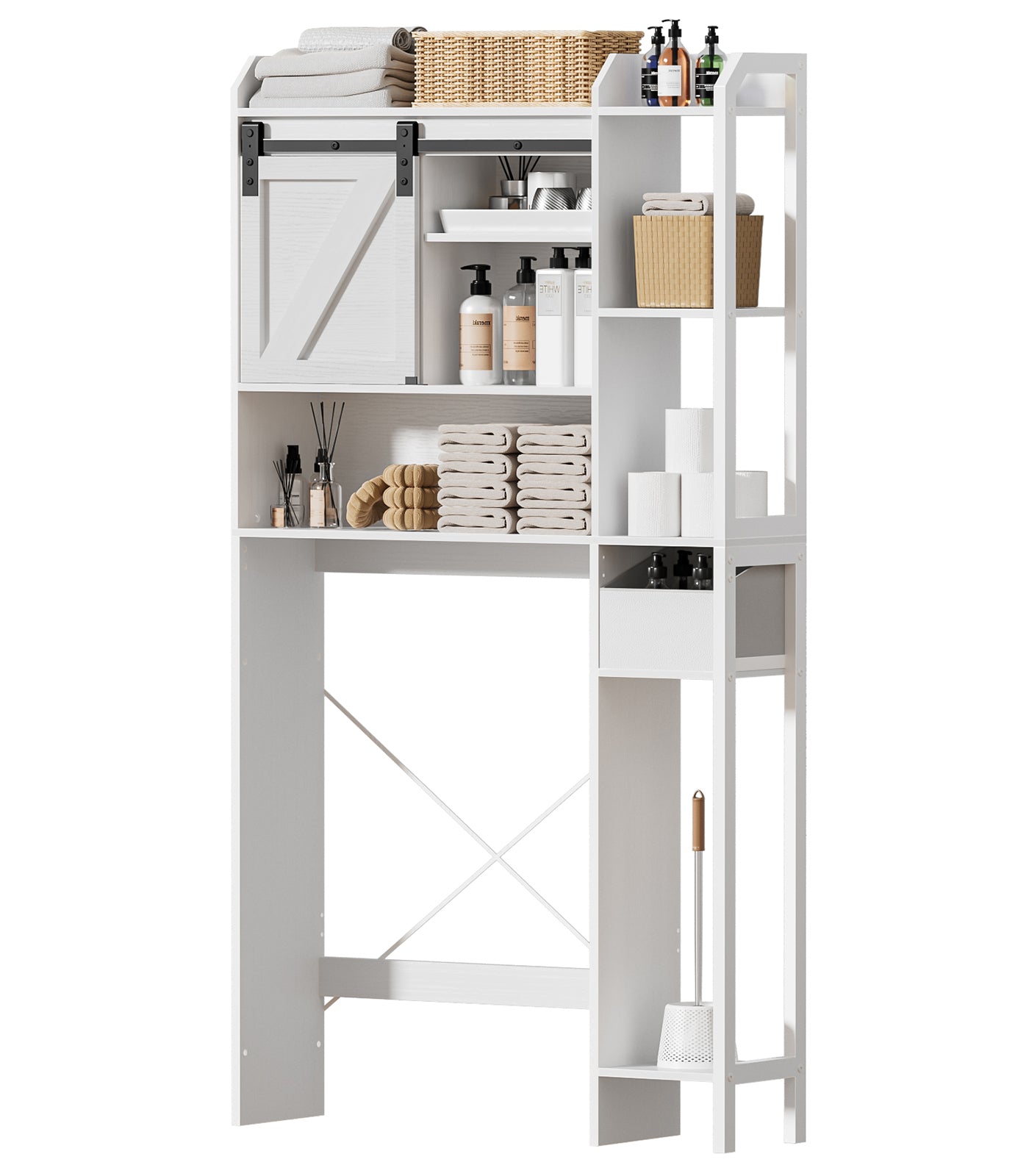 Hexmn Over The Toilet Storage Cabinet with Sliding Barn Door, 6-Tier Freestanding Bathroom Shelf Farmhouse Organizer with Shelves, Paper Holder and Racks, Farmhouse Toilet Cabinet for Laundry, White