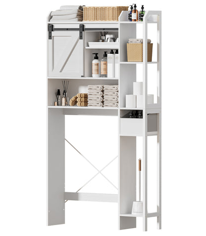 Hexmn Over The Toilet Storage Cabinet with Sliding Barn Door, 6-Tier Freestanding Bathroom Shelf Farmhouse Organizer with Shelves, Paper Holder and Racks, Farmhouse Toilet Cabinet for Laundry, White