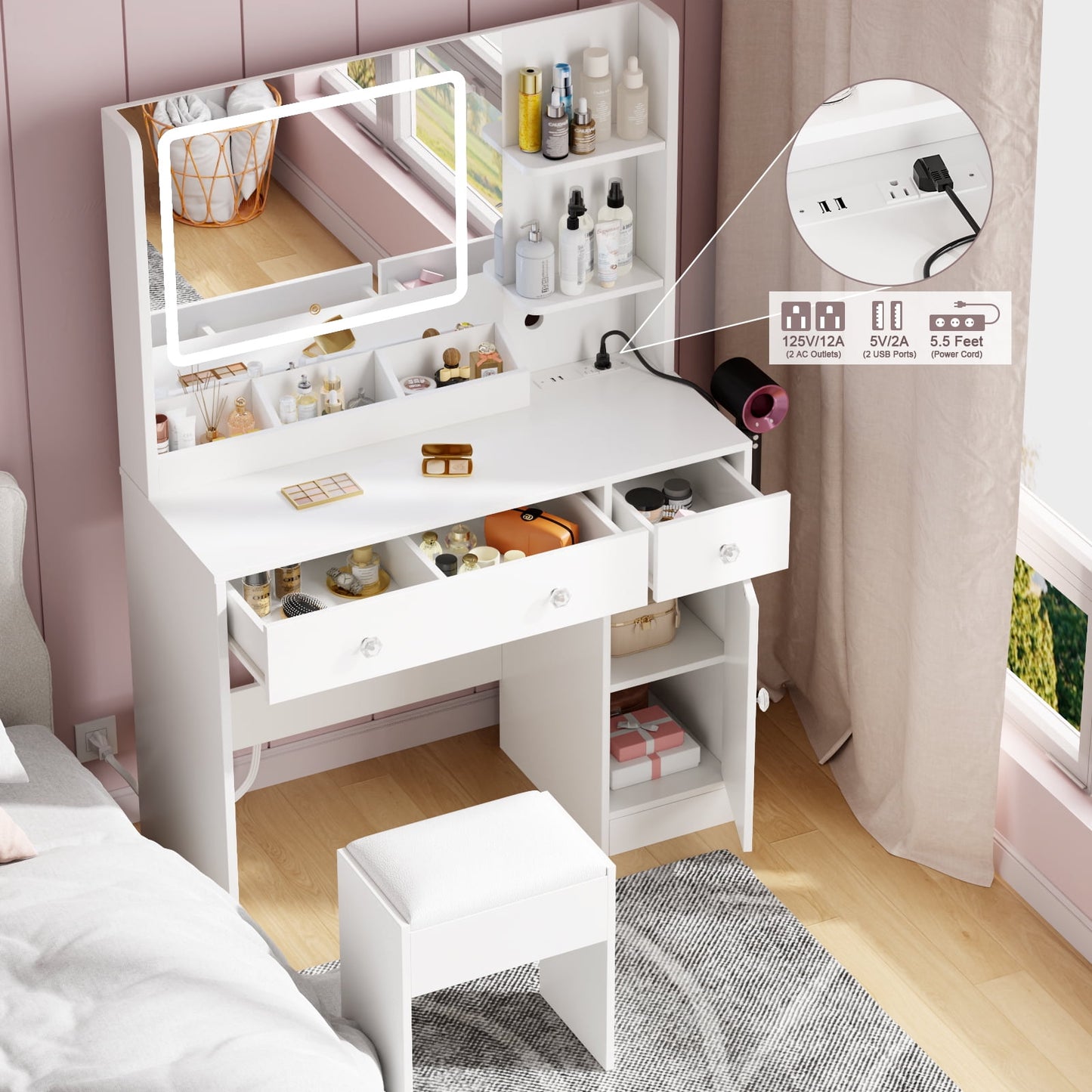 Hexmn women dressing Vanity Set with storage drawers & cabinet, LED Makeup tables with charging station, square mirror for bedroom