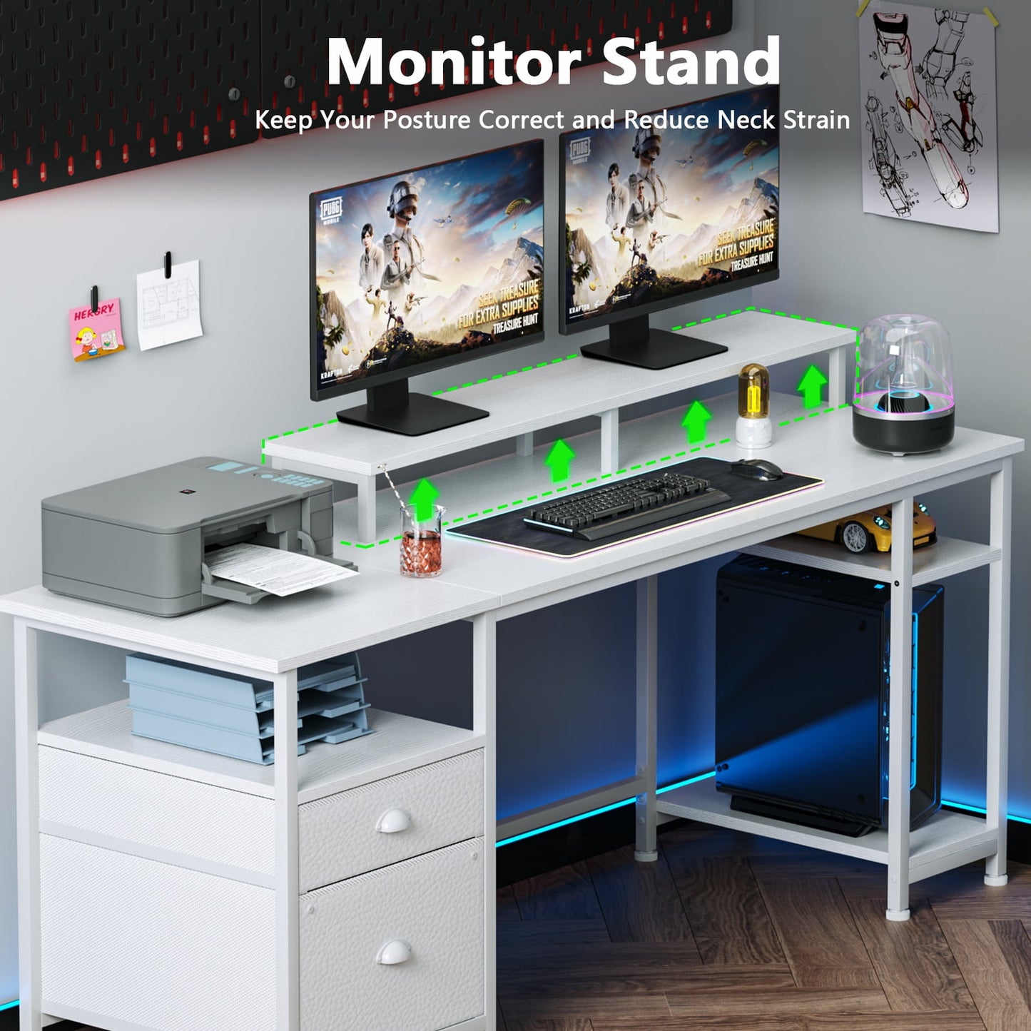 Satifur Computer Desk with Drawers & Monitor Stand, Office Desk for Dual Monitors, Adjustable Shelves, White