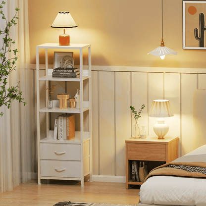 Satifur 4-Tier Bookshelf and Bookcase with 2 Removable Drawers, Narrow Display Shelf for Living Room, White