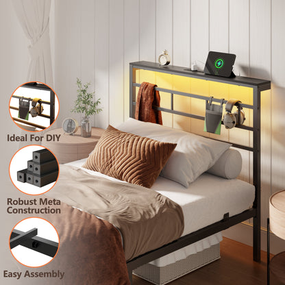 Tydimor Twin Size Bed Frame with LED Storage Headboard Shelf, 38.1" High Metal Platform Bed, Black