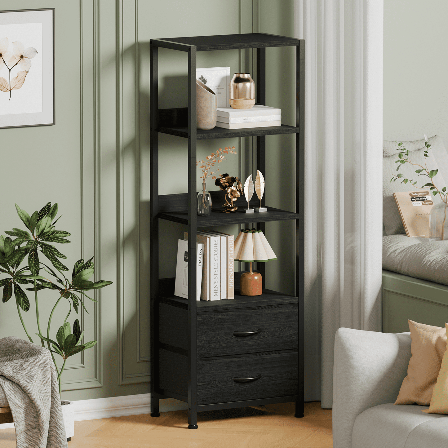 Satifur 4-Tier Bookshelf and Bookcase with 2 Removable Drawers, Narrow Display Shelf for Living Room, Black Oak
