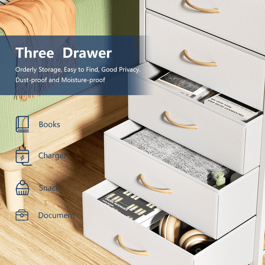 TYDIMOR Fabric Dresser for Bedroom, 5 Drawer Chest of Drawers, White, Ideal for Adults
