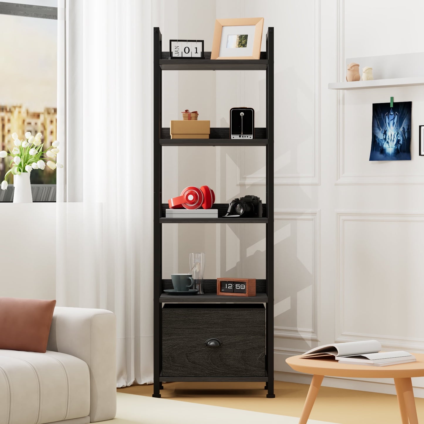 Satifur 5 Tier Ladder Bookcase with Removable Drawer Tall Standing Bookshelf,Black Oak