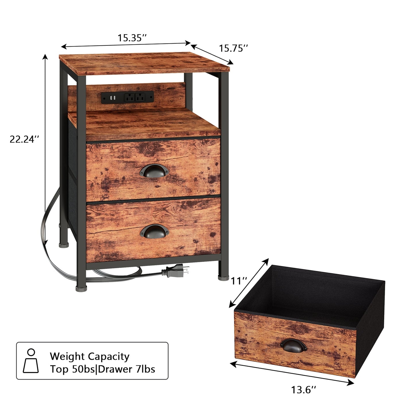 Satifur Night Stand Set of 2 with Charging Station,LED Nightstand with Fabric Drawers Bed Side Table,Rustic Brown