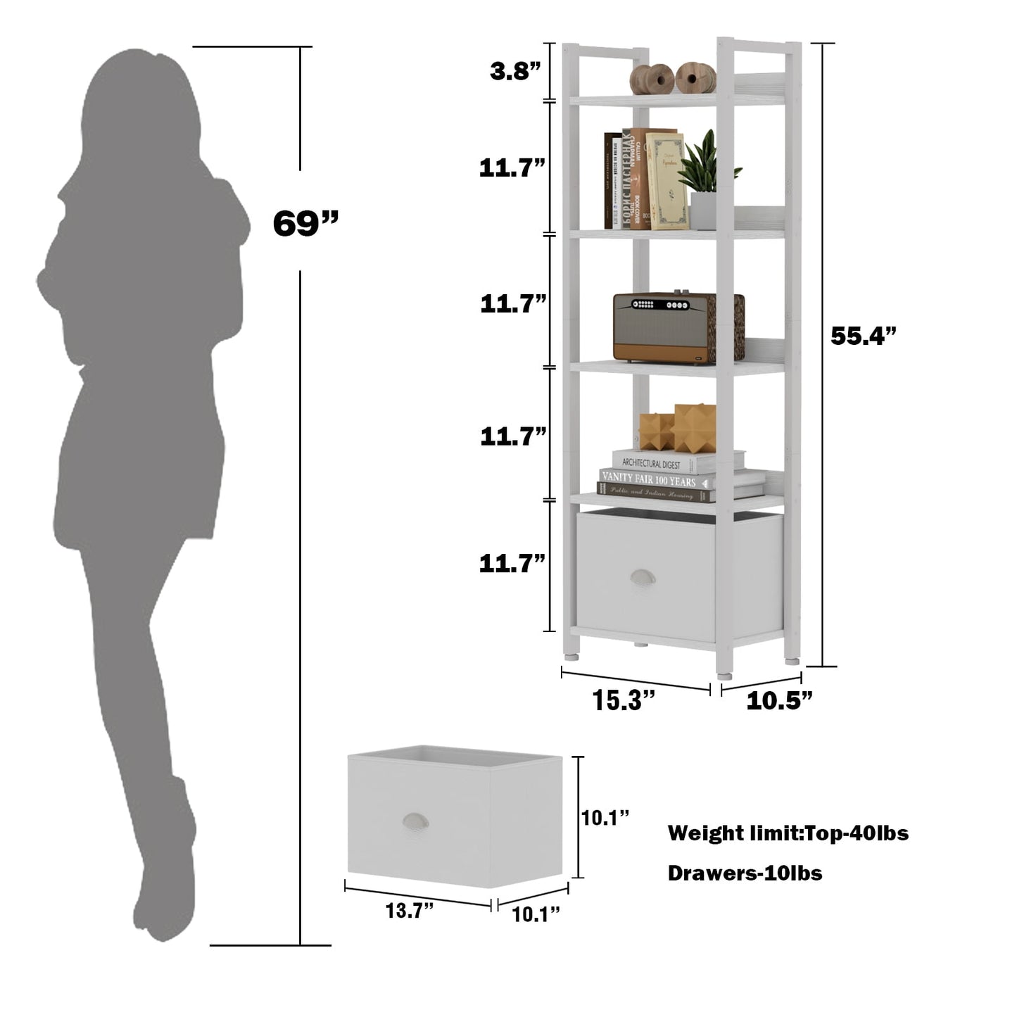 Satifur 5 Tier Ladder Bookcase with Removable Drawer Tall Standing Bookshelf,White
