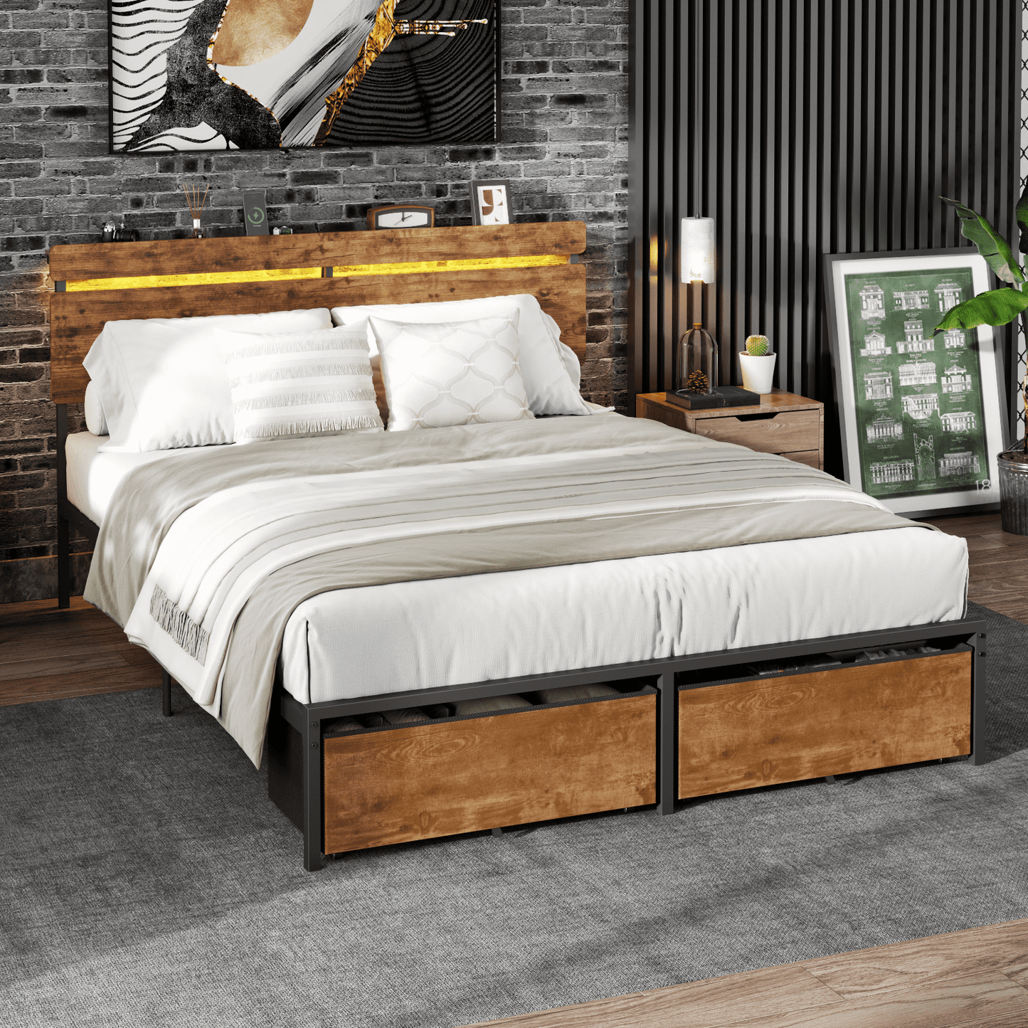 Tydimor Queen Size Bed Frame with 2 Drawers & LED Lights & Charging Station, Beds with Headboard & 10.10" Under Bed Storage, No Box Spring Needed, Easy Assembly, Rustic Brown