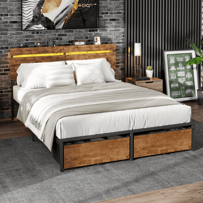 Tydimor Queen Size Bed Frame with 2 Drawers & LED Lights & Charging Station, Beds with Headboard & 10.10" Under Bed Storage, No Box Spring Needed, Easy Assembly, Rustic Brown