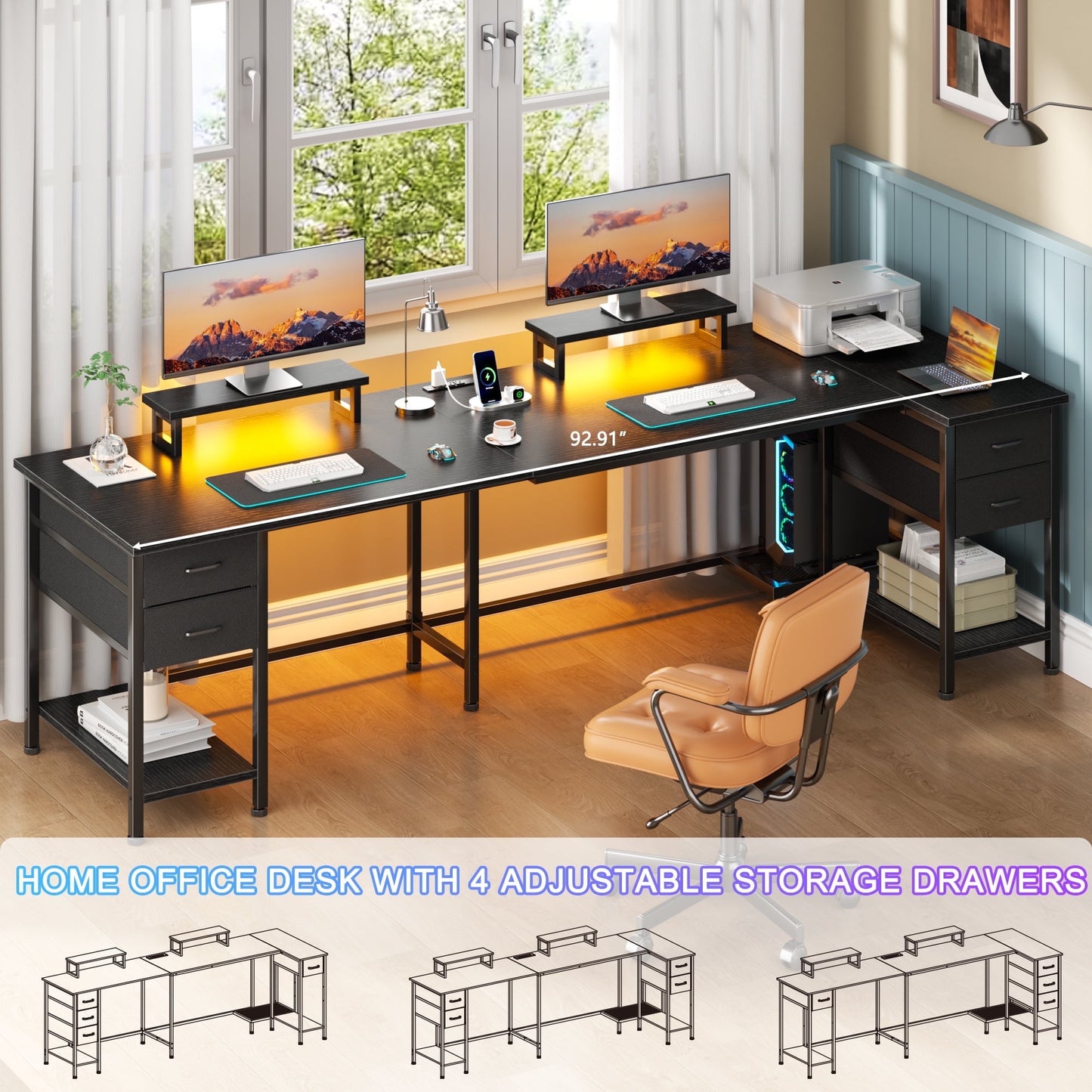 Satifur 2-Person Computer Desk with LED Lights,Charging Station and fabric drawers, Extra Long Double Office Desk Computer Desk, Black