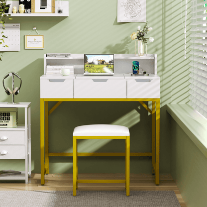 Tydimor Flip-top Vanity Set, Women Dressing Table with Outlets, Makeup Vanity Desk with Mirror, Drawers & Stool