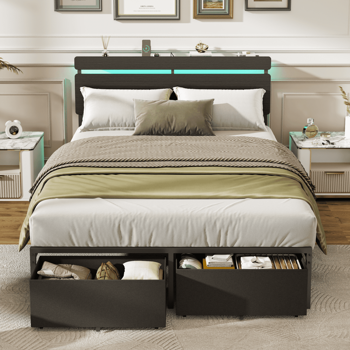 Satifur Full Size Bed Frame with 2 Drawers & LED Lights & Charging Station, Beds with Headboard & 10.10" Under Bed Storage, No Box Spring Needed, Easy Assembly, Black