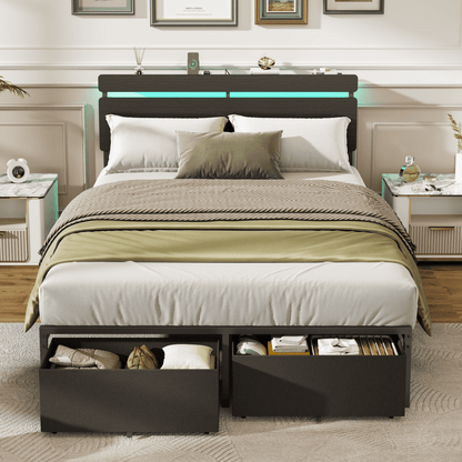 Satifur Full Size Bed Frame with 2 Drawers & LED Lights & Charging Station, Beds with Headboard & 10.10" Under Bed Storage, No Box Spring Needed, Easy Assembly, Black